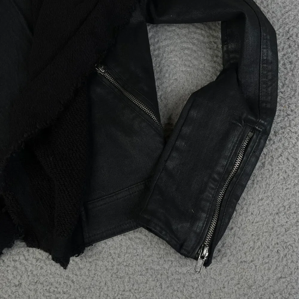 FREE PEOPLE Denim Jacket Women 4 Black Open Knit Front Zip Pocket Cuf Biker Moto - Picture 4 of 12